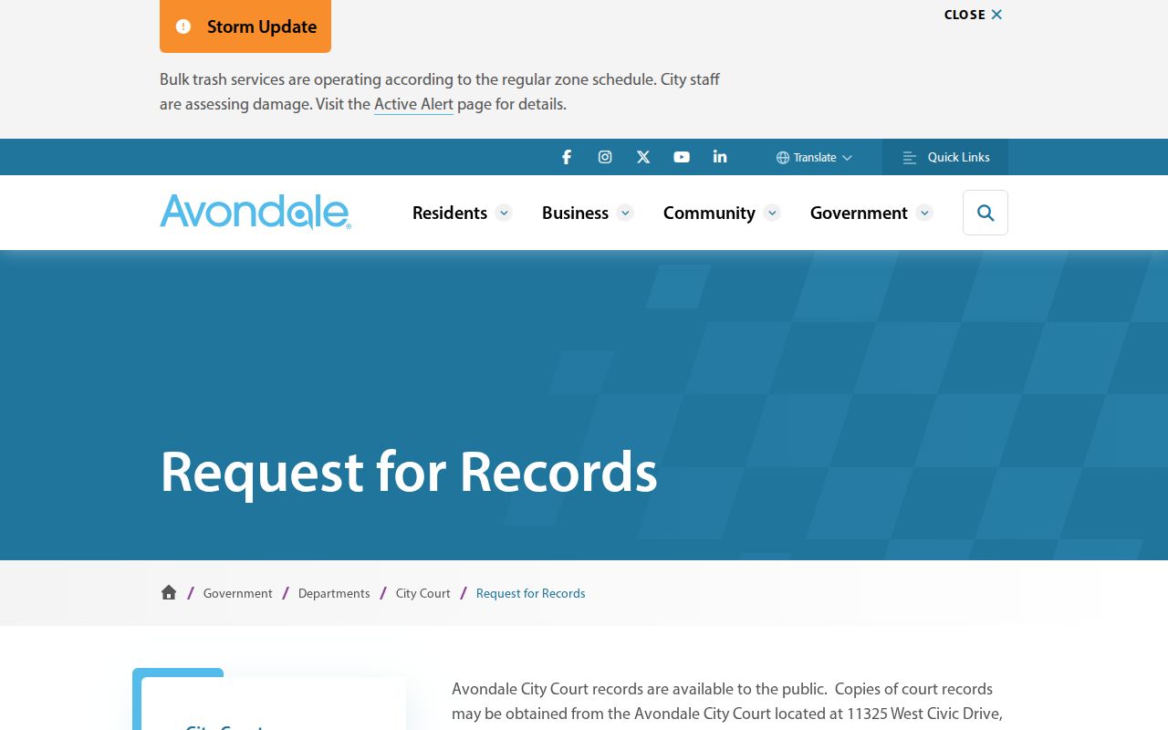 Avondale neighbors official City Court records request page